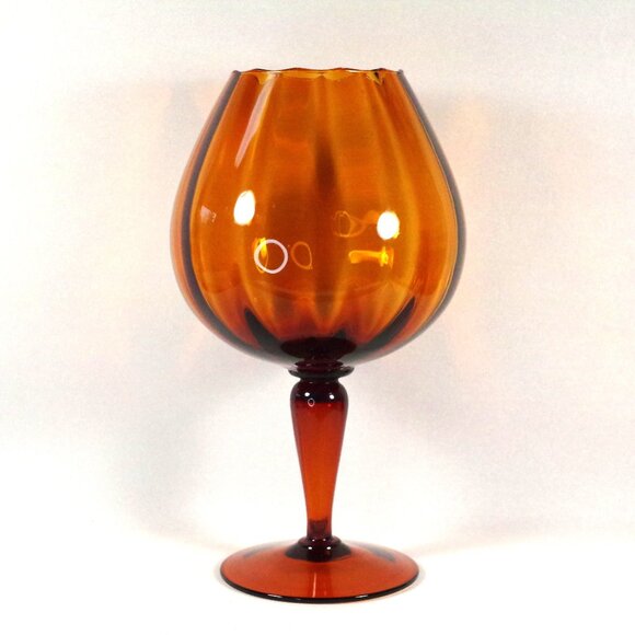 Vintage Large Empoli Glass Snifter Amber 15" Tall Footed Vase Hand Blown Italy - Picture 1 of 5